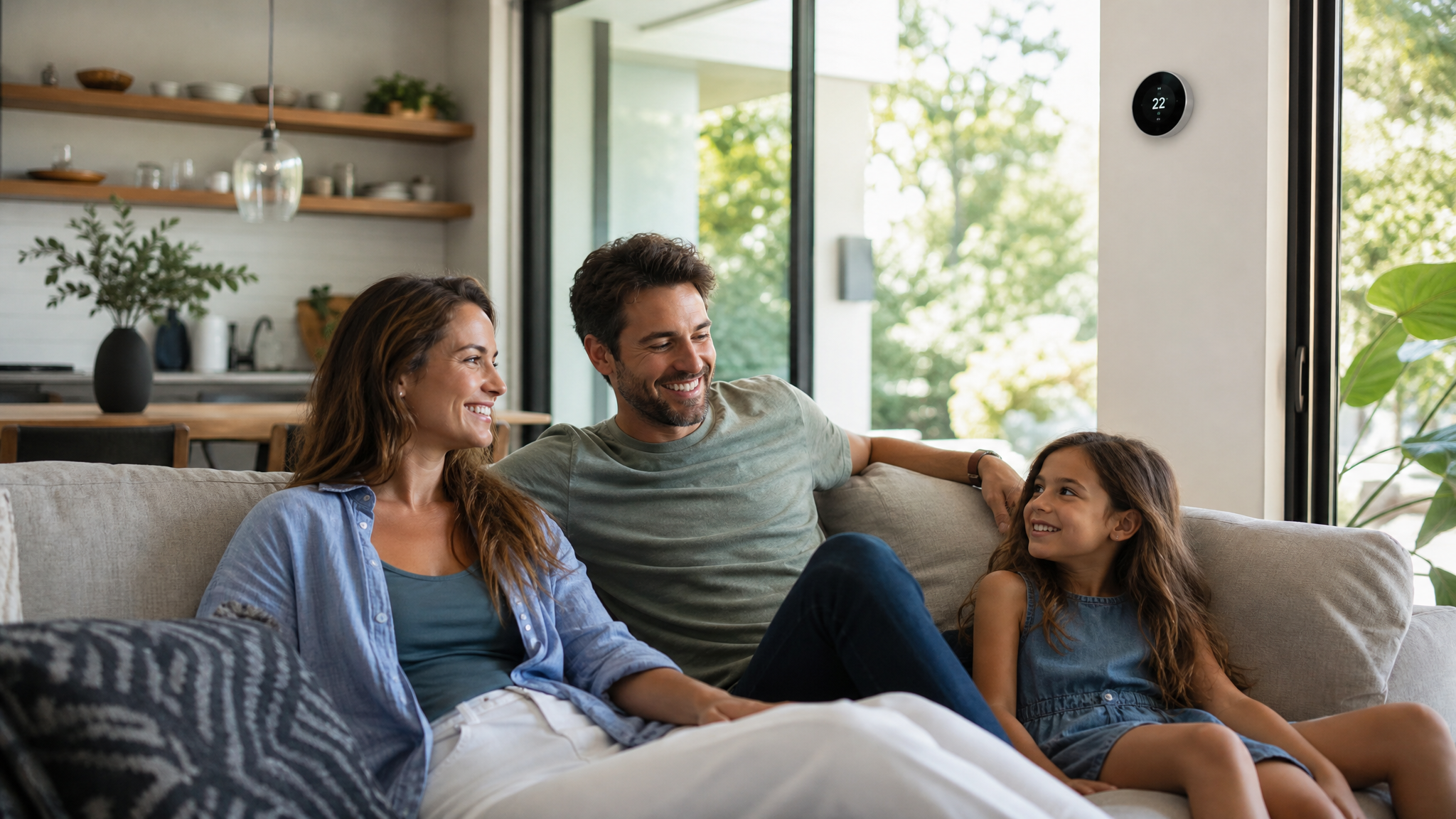 Austin family relaxing in a comfortable, climate-controlled living room