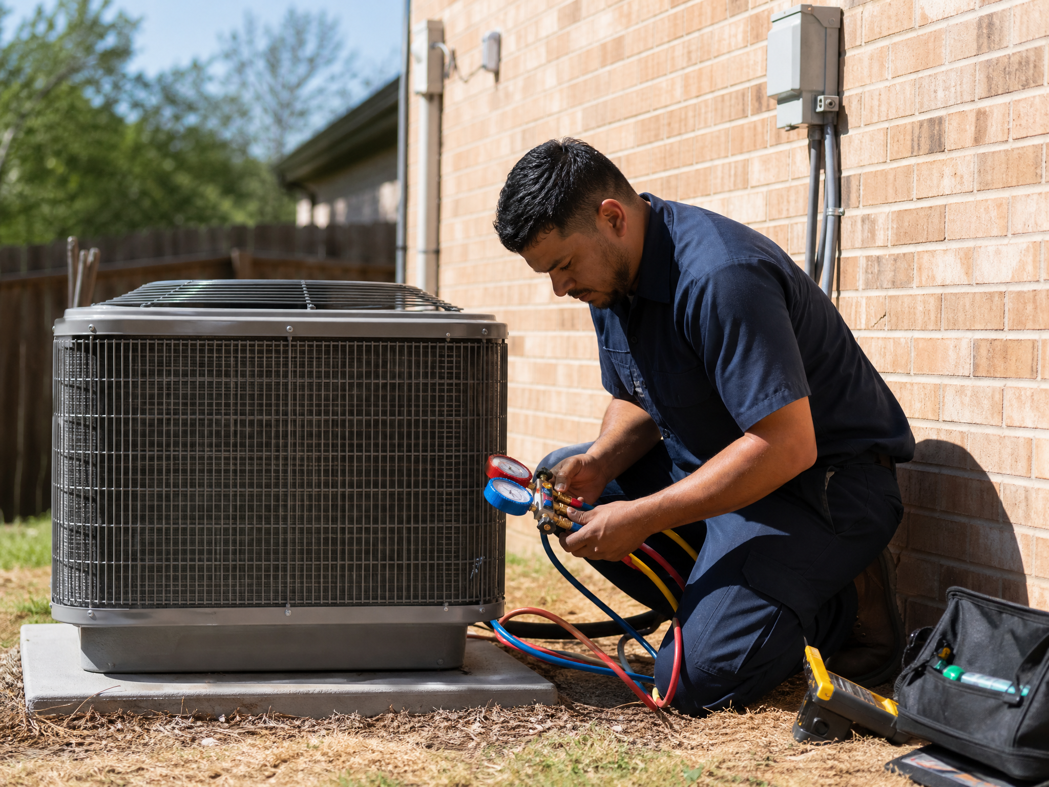 Technician installing a new high-efficiency AC condenser in Austin, TX