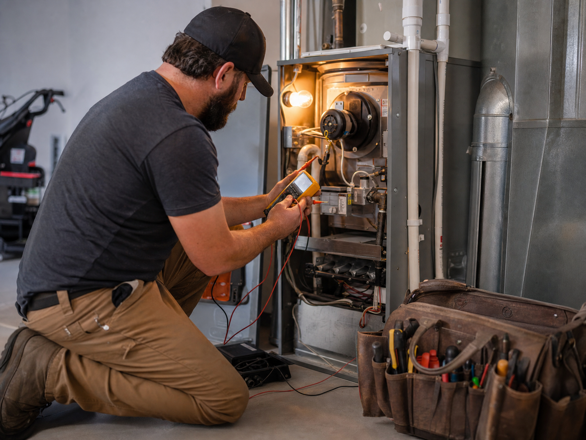 Technician servicing a high-efficiency furnace and air handler