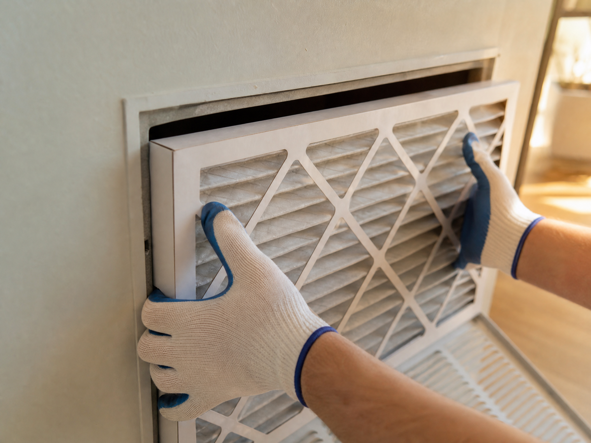 Technician replacing a clean pleated air filter during an HVAC tune-up