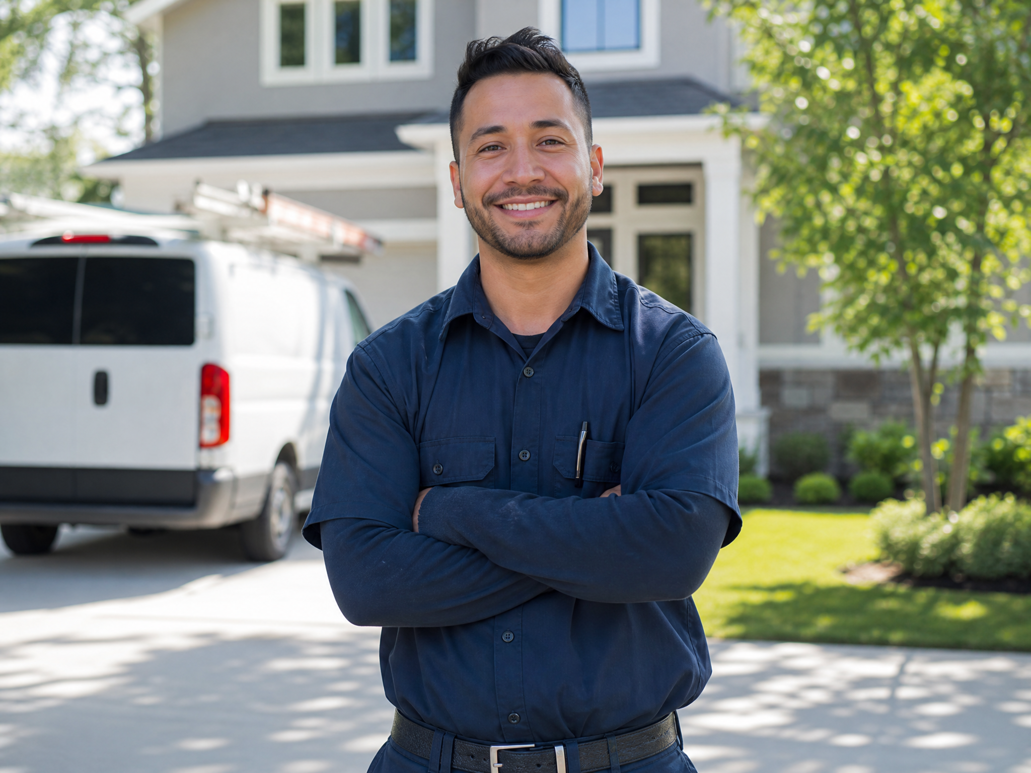Friendly Solstice Heating & Cooling technician in front of a service van in Austin, TX
