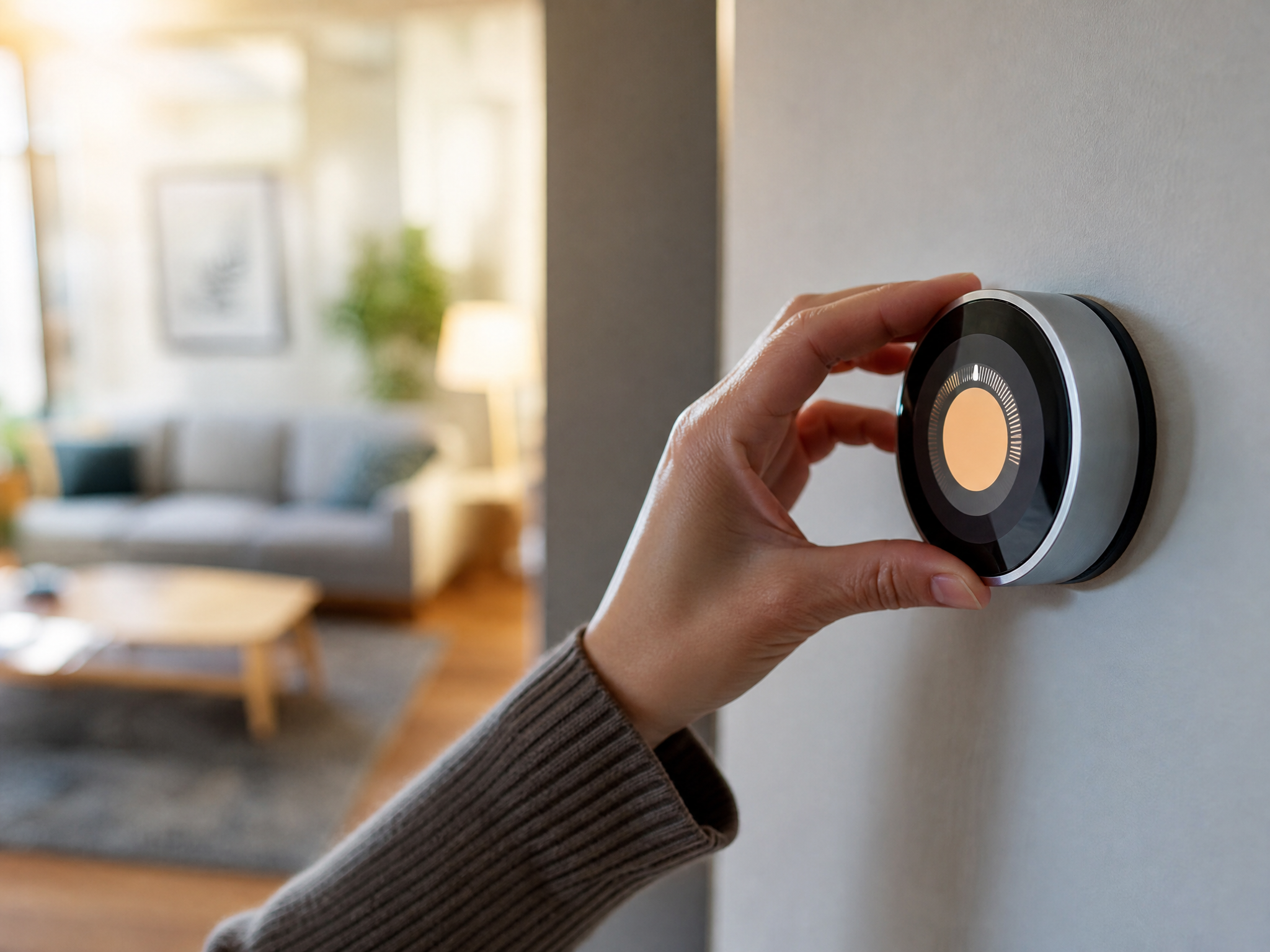 Homeowner adjusting a sleek smart thermostat in a comfortable Austin home